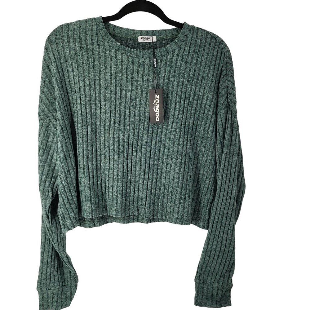 Zeagoo Womens Ribbed Knit Long Sleeve Crop Top - XL Evergreen Soft & Cozy - Picture 1 of 10
